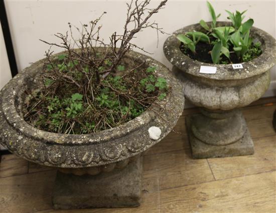 Two reconstituted garden urns W.60cm, 40cm